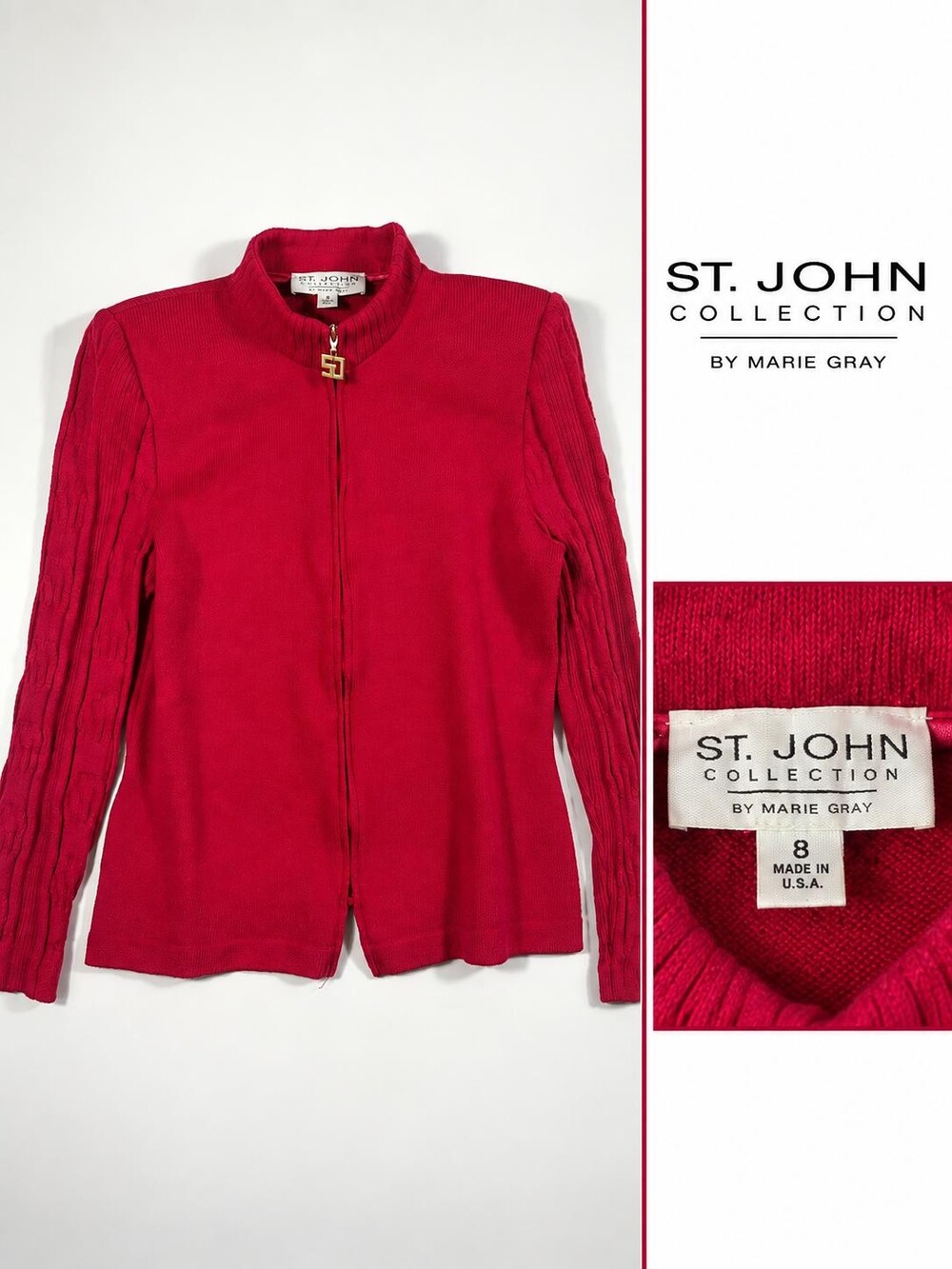 Vintage St. John Collection by Marie Gray Raspberry Pink Santana Knit Zip Cardig